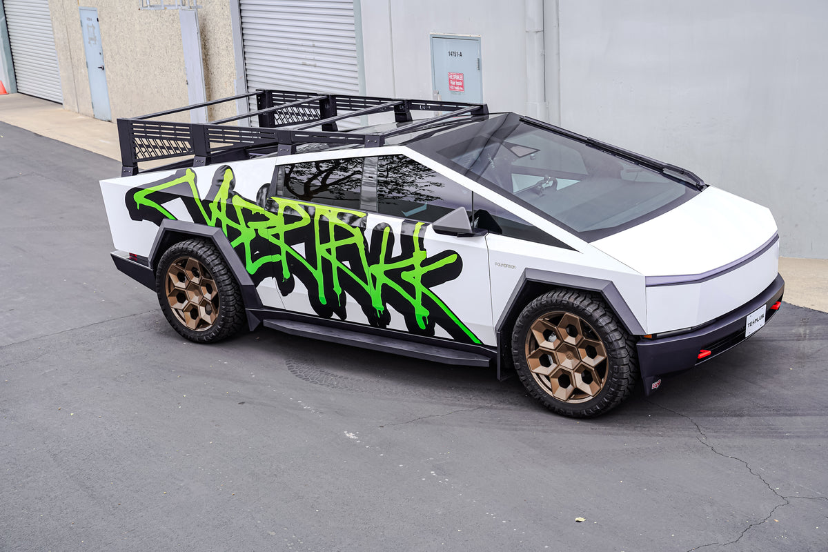 Cybertruck with the TESPLUS Graffiti Green printed vinyl wrap