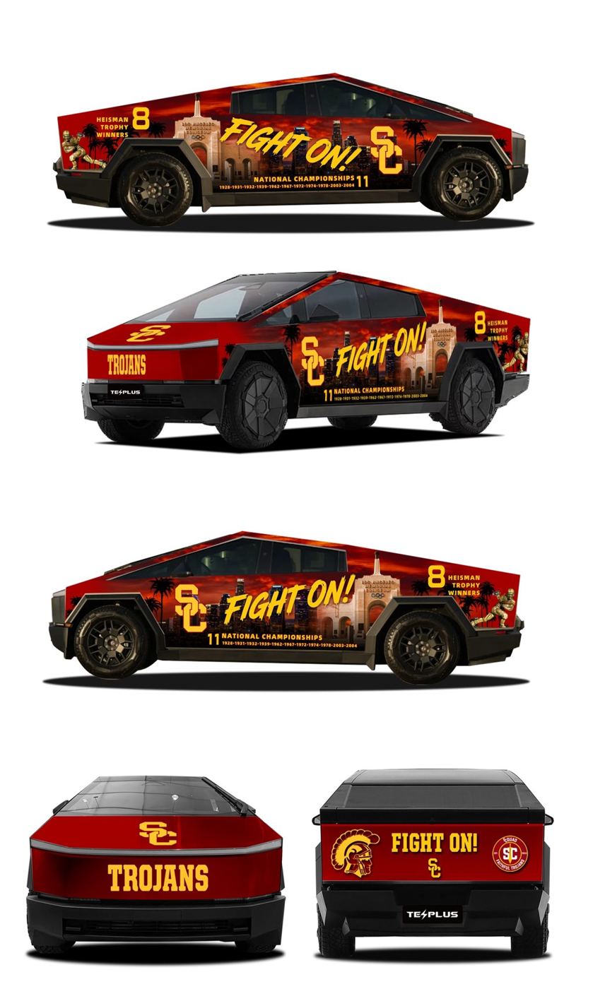 Design proof mockups of a USC Cybertruck